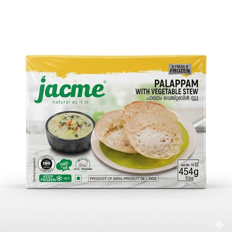 This is a 454g pack containing soft rice pancakes (palappam) and a creamy vegetable stew. It is a ready-to-eat frozen meal produced in India that must be stored at -18°C.This product is available for purchase in the UK at theindianshelf.co.uk.