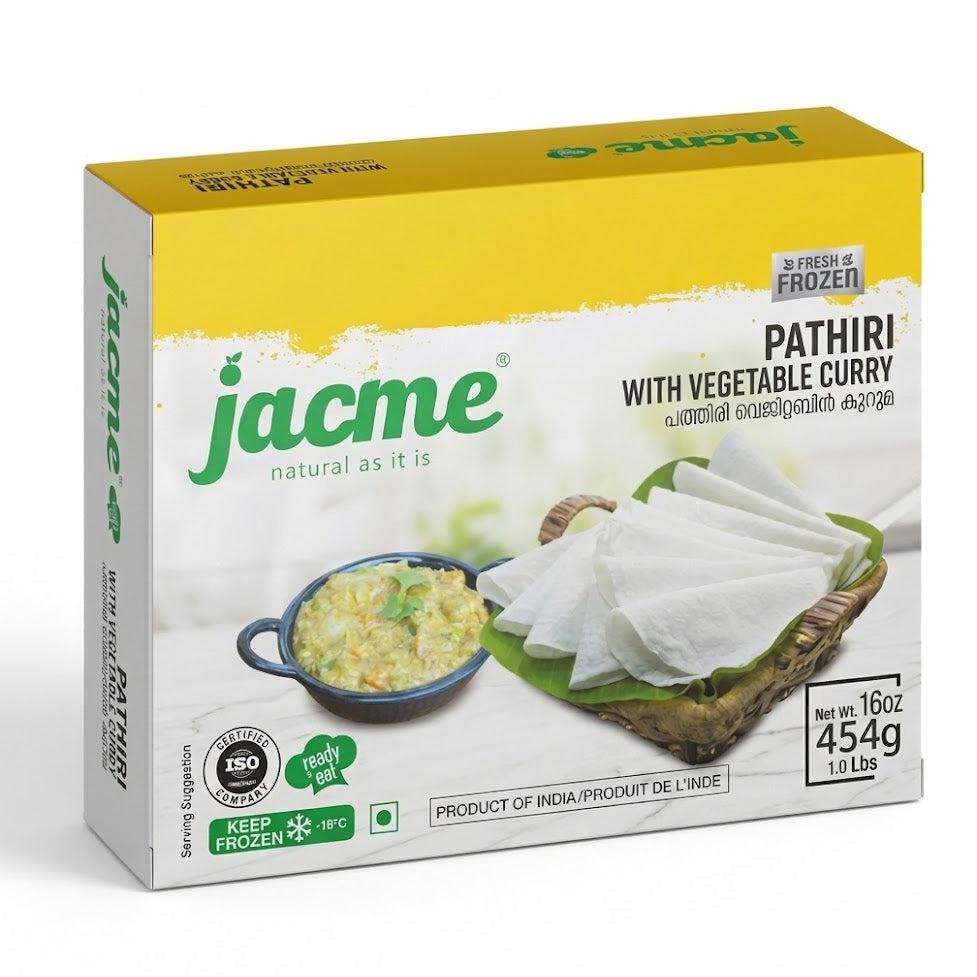 This is a 454g pack of Jacme Pathiri with Vegetable Curry. It is a ready-to-eat frozen meal featuring thin rice flatbreads and vegetable curry, produced in India and stored at -18°C.This product is available in the UK at theindianshelf.co.uk.