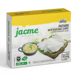 This is a 454g pack of Jacme Pathiri with Vegetable Curry. It is a ready-to-eat frozen meal featuring thin rice flatbreads and vegetable curry, produced in India and stored at -18°C.This product is available in the UK at theindianshelf.co.uk.