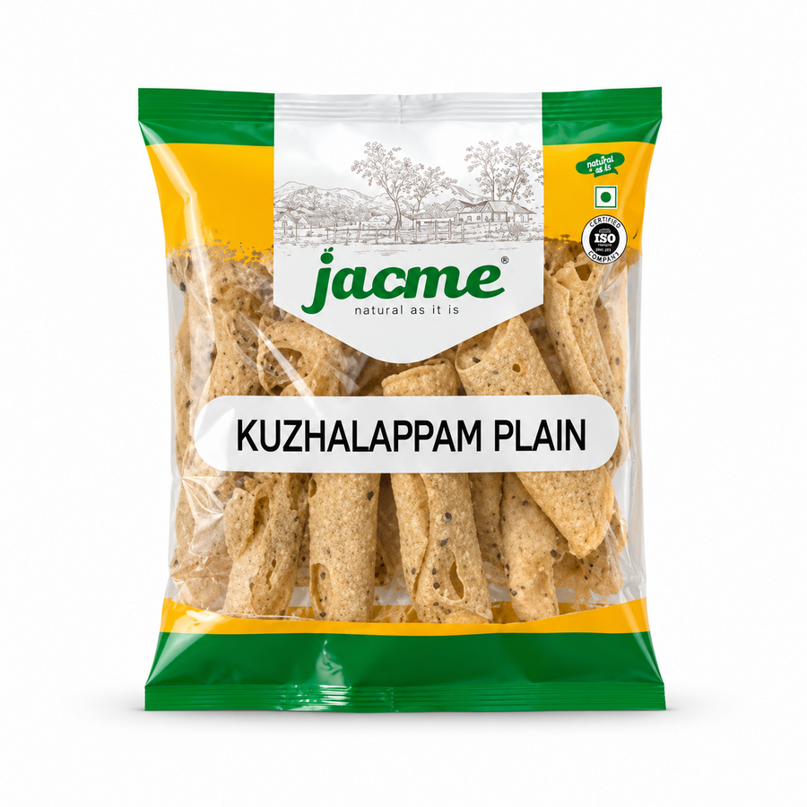 A studio product shot of a clear pillow pouch filled with golden, tube-shaped Jacme Plain Kuzhalappam snacks isolated against a white background. The packaging displays a white, yellow, and green header label featuring a rustic village sketch alongside the brand logo.