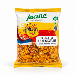 A yellow and white packet of Jacme Kerala Hot Mixture featuring traditional Kathakali artwork and a clear window displaying crunchy savory snacks. Available in the UK at theindianshelf.co.uk.