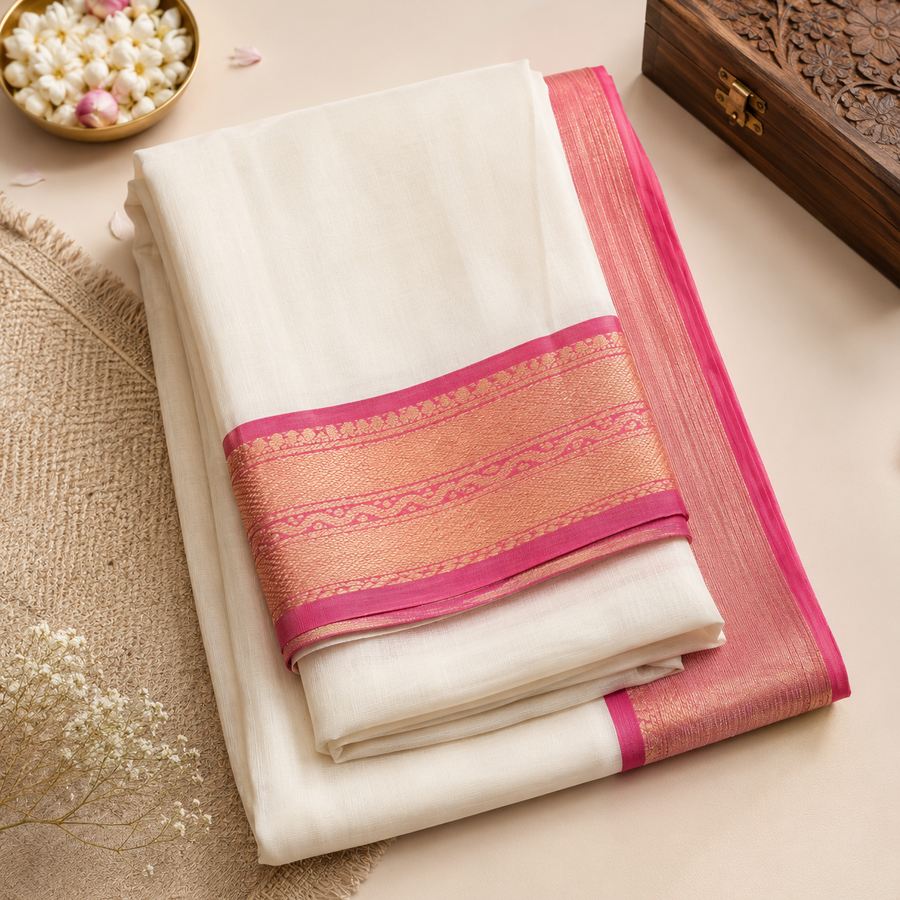 A studio flatlay shot of a neatly folded cream Kerala Kasavu Saree on a light beige background. The cotton fabric features a bright pink border decorated with woven rose-gold zari floral patterns. The layout includes a carved wooden box, a brass bowl of jasmine blossoms, and a fringed placemat. Available in the UK at theindianshelf.co.uk.