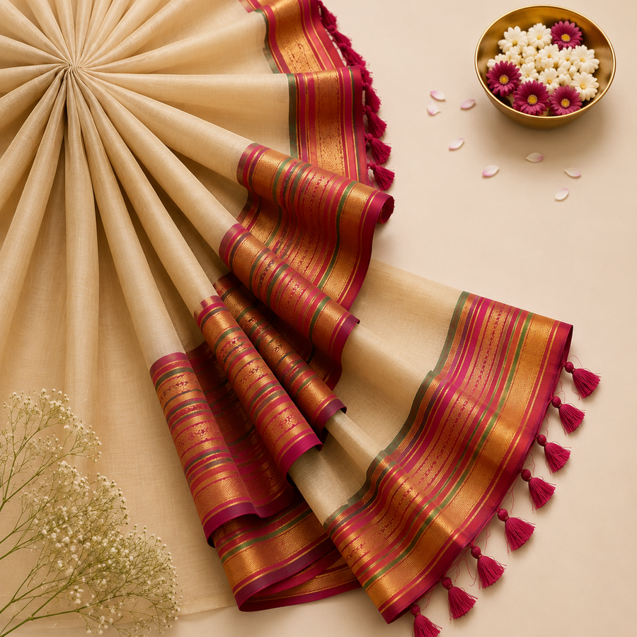 A studio product shot showing a folded cream-gold Kerala Tissue Saree against a white background. The fabric features a metallic sheen, framed by wide golden borders and panels embroidered with yellow, pink, and orange flowers. Available in the UK at theindianshelf.co.uk.