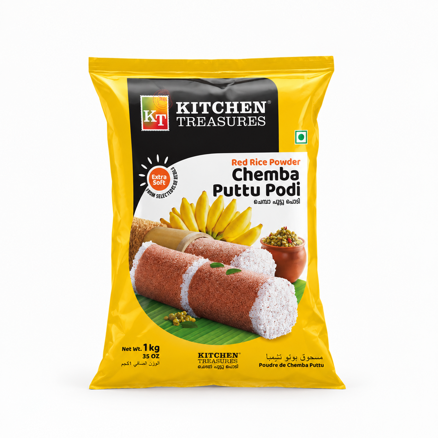 A 1kg pack of Kitchen Treasures Red Rice Powder Chemba Puttu Podi in yellow packaging featuring steamed puttu cylinders and bananas, centered on a solid white background. Available in the UK at theindianshelf.co.uk.