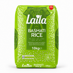 A professional studio shot of a vertically oriented 10kg bag of Laila Basmati Rice against a clean white background. The packaging features a vibrant green background patterned with falling silver rice grains. A dark green center panel showcases an elegant white cursive "Laila" logo superimposed over a line-art illustration of a decorated Indian elephant head. Below the logo, "BASMATI RICE" is printed in bold white capital letters,This product is available in the UK at theindianshelf.co.uk.