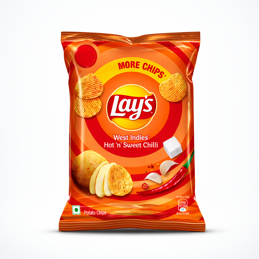 A bag of Lay’s West Indies’ Hot ‘n’ Sweet Chilli potato chips, featuring a bold fusion of spicy chili and a hint of sweetness, is available for purchase at theindianshelf.co.uk. These crinkle-cut chips are inspired by vibrant Caribbean flavors and offer a unique, savory snacking experience.