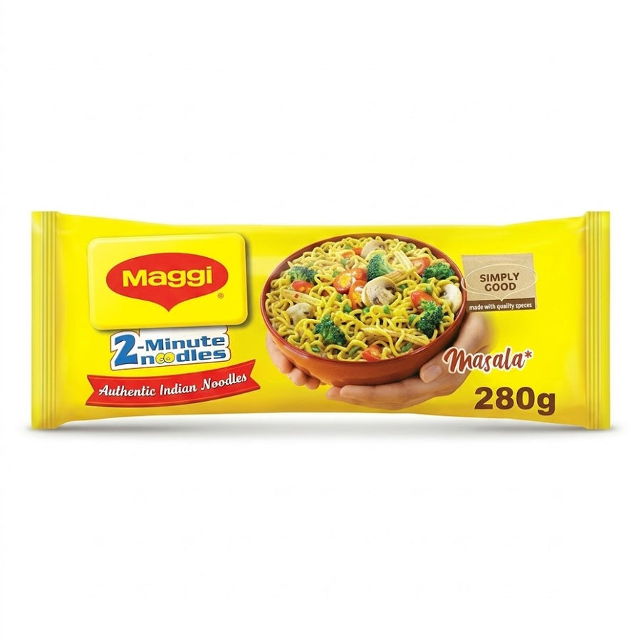 This is a 280g pack of Maggi 2-Minute Noodles in the classic Masala flavor. These "Authentic Indian Noodles" are a popular, quick-to-prepare snack or meal option featuring a signature spice blend.
This product is available in the UK at theindianshelf.co.uk.