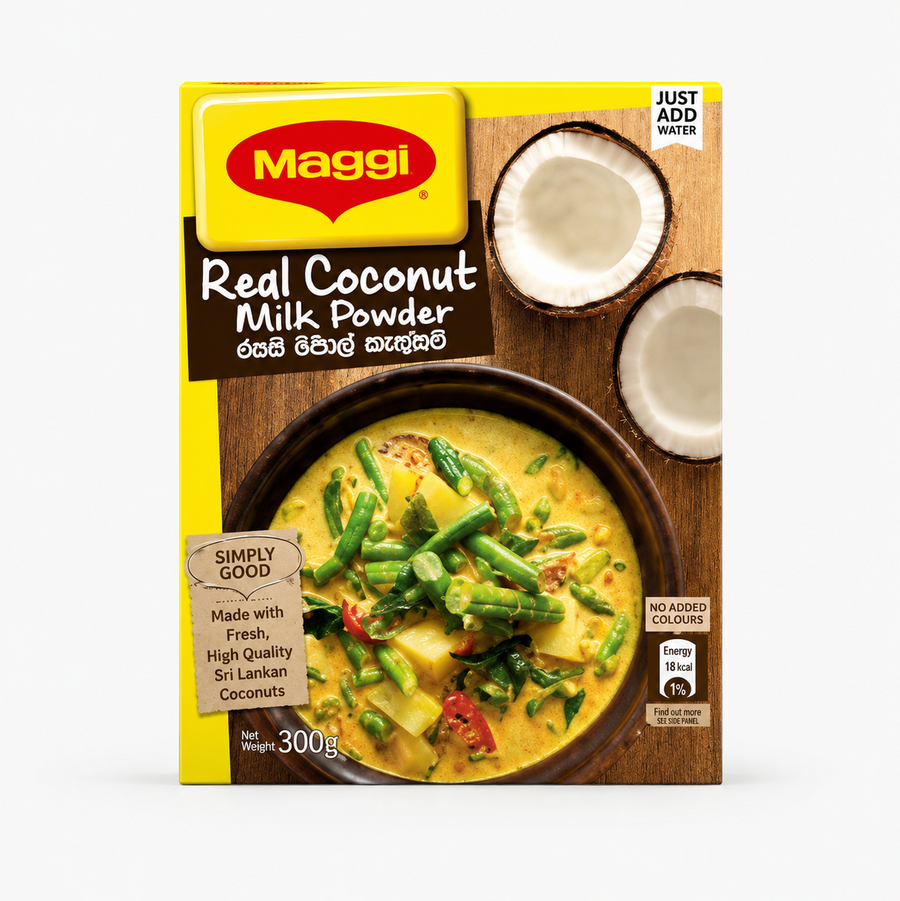 A 300g box of Maggi Real Coconut Milk Powder centered on a solid white background, featuring a bright yellow border with the red Maggi logo and a serving suggestion showing a bowl of vibrant yellow coconut vegetable curry next to coconut halves on a wooden surface.