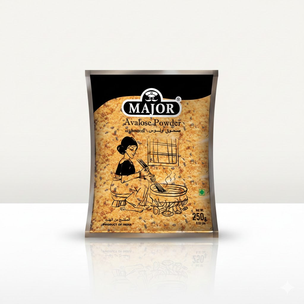 Major Avalose Powder 250g pack, a traditional roasted rice and coconut snack mix for authentic South Indian treats, is available for purchase at theindianshelf.co.uk.