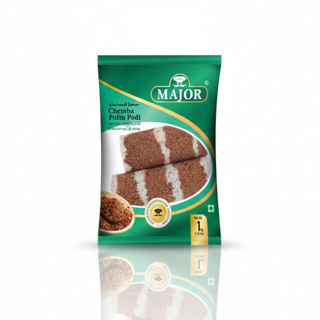 Major Chemba Puttu Podi 1 kg pack, made from roasted red rice flour for authentic steamed rice cakes, is available for purchase at theindianshelf.co.uk.