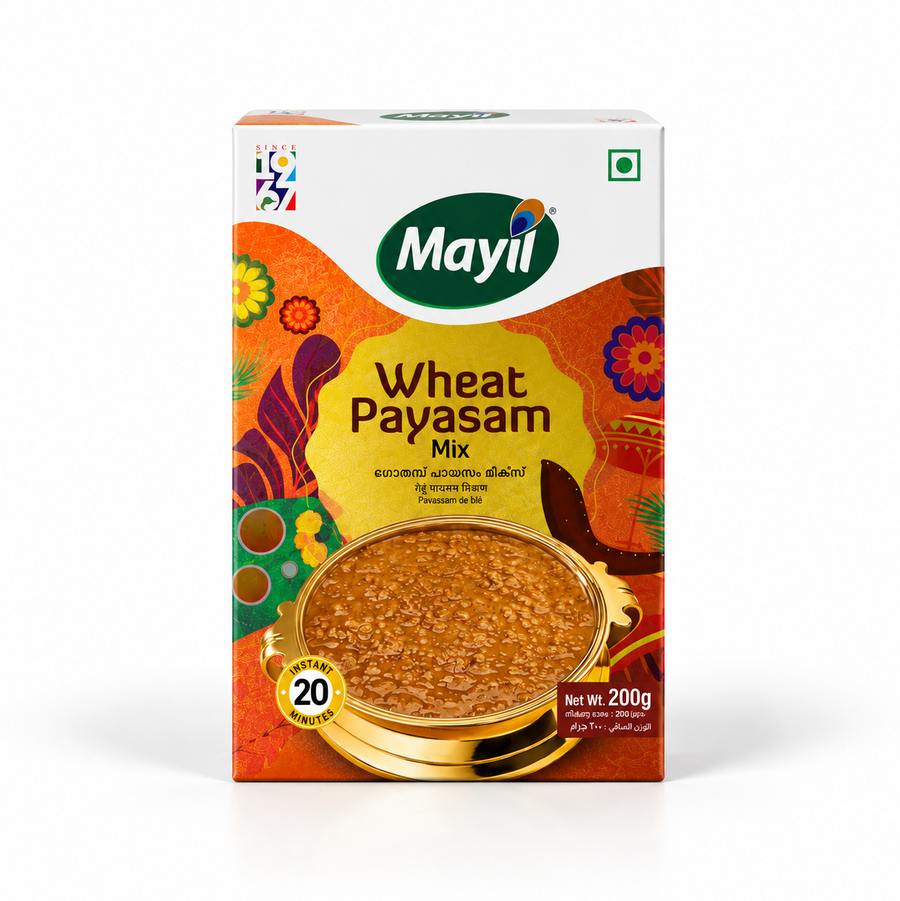 A 200g box of Mayil Wheat Payasam Mix featuring vibrant festive artwork and a serving bowl of traditional wheat kheer. Available in the UK at theindianshelf.co.uk.