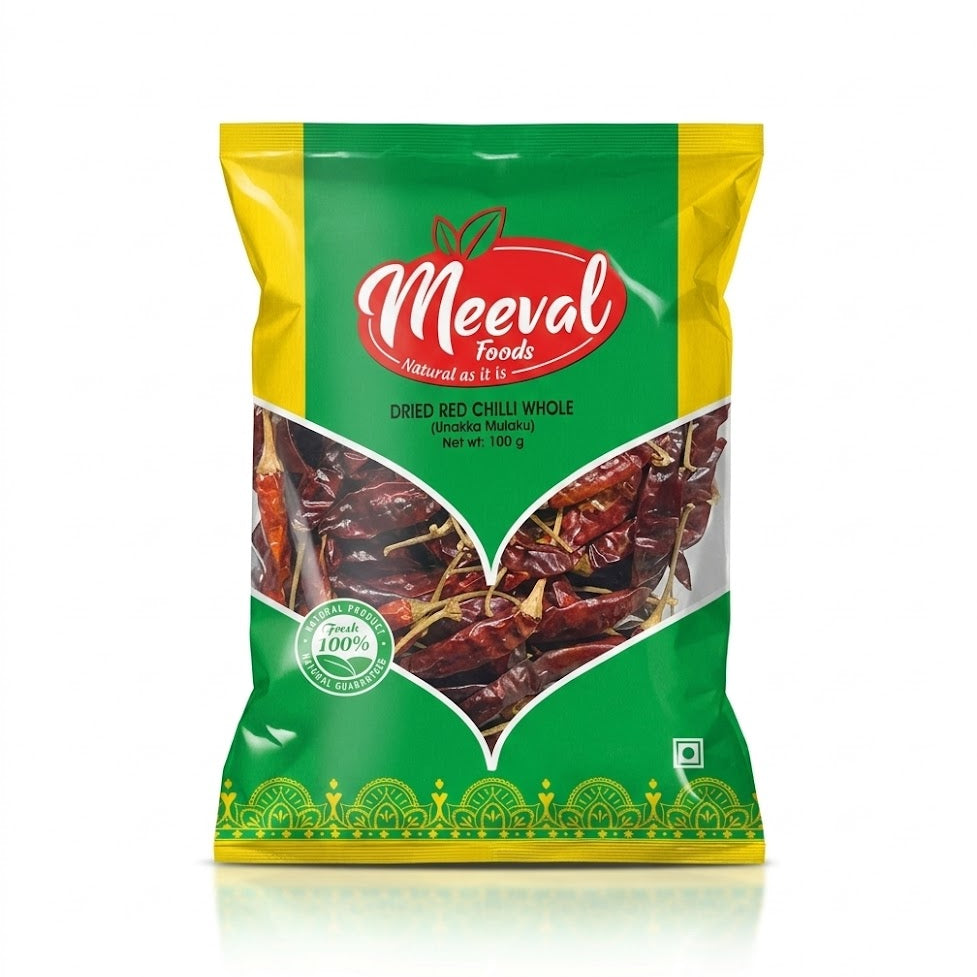 This is a 100g pack of Meeval Foods Dried Red Chilli Whole (Unakka Mulaku), a natural product used to add authentic spice to your cooking.
This product is available in the UK at theindianshelf.co.uk.