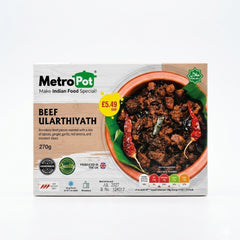 This is a 270g box of Metro Pot Beef Ularthiyath, a traditional South Indian dish featuring boneless beef pieces slow-roasted with a mix of spices, ginger, garlic, red onions, and coconut slices. The product is Halal certified, produced in the UK, and rated as Hot Medium spice level. It is a frozen, microwave-friendly meal with a Best Before date of July 2027.This authentic Kerala-style beef fry is available for purchase in the UK at theindianshelf.co.uk.