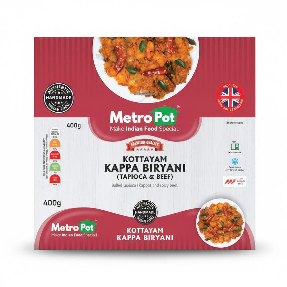 A white and maroon box of Metro Pot Kottayam Kappa Biryani (Tapioca & Beef). The 400g packaging describes the dish as "Boiled tapioca (Kappa) and spicy beef," featuring images of the rich, seasoned meal garnished with curry leaves and red chilies. The label highlights it as "Authentic Handmade Indian Food" and prominently displays the "Produced in the UK" logo.
This traditional Kerala-style meal is available for purchase in the UK at theindianshelf.co.uk.