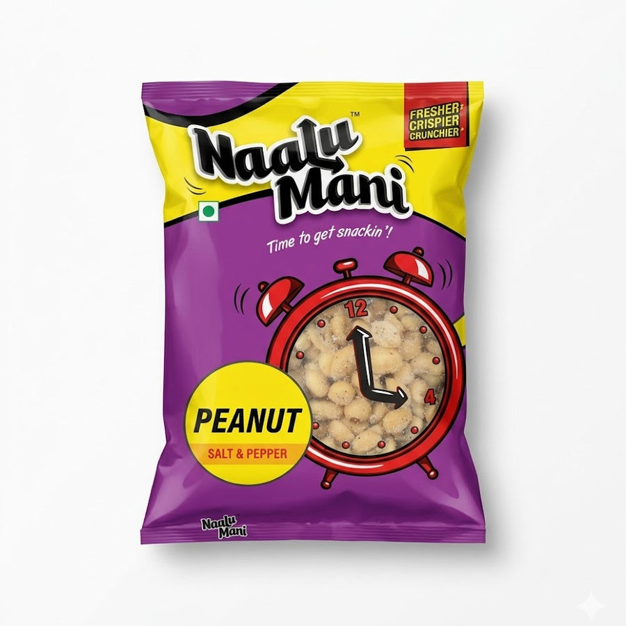 Naalu Mani Salt & Pepper Peanuts
A vibrant snack packet for "Naalu Mani Peanut Salt & Pepper." The packaging features a bold yellow and purple color scheme. In the center, there is a large red alarm clock illustration with a transparent face that reveals the seasoned peanuts inside. The clock hands are set to 4 o'clock, emphasizing the traditional Indian "tea time." The top right corner includes a red ribbon graphic with the text "Fresher, Crispier, Crunchier."This product is available in the UK at theindi