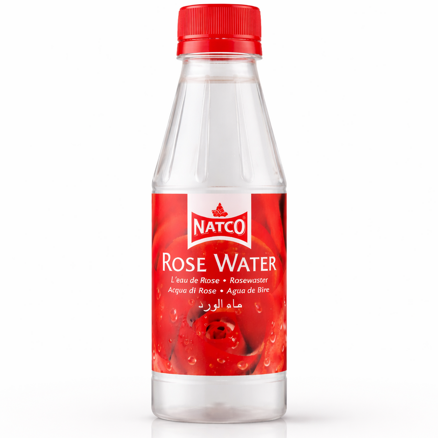Natco Rose Water, featuring a delicate floral essence perfect for flavoring desserts, beverages, and traditional middle-eastern dishes, is available for purchase at theindianshelf.co.uk.