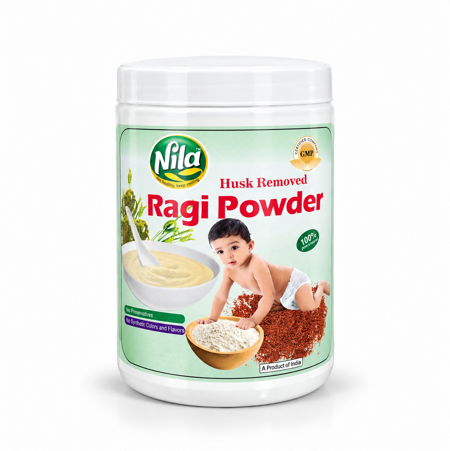 A white container of Nila Husk Removed Ragi Powder featuring brand logos, GMP certification, and porridge imagery, centered on a solid white background. Available in the UK at theindianshelf.co.uk.
