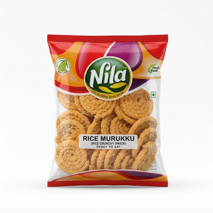 Nila Rice Murukku
Enjoy the classic, crunchy taste of South India with Nila Rice Murukku. This traditional savory snack is made from premium rice flour and a blend of aromatic spices, expertly fried to a perfect golden crisp.This product is available in the UK at theindianshelf.co.uk.