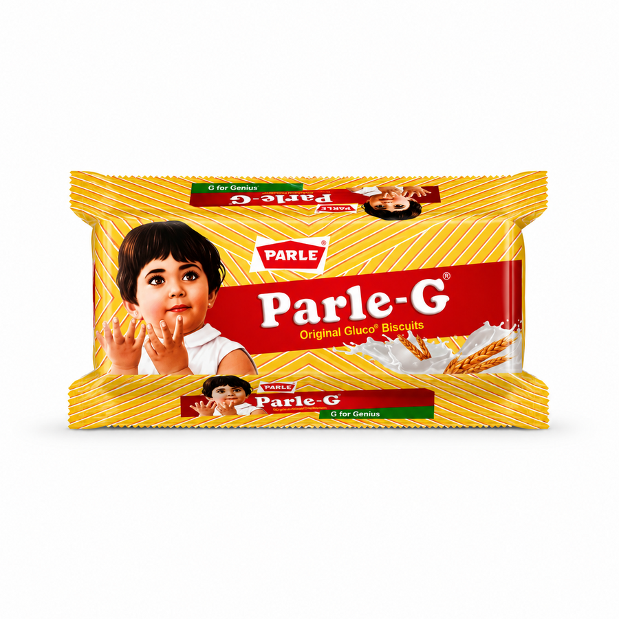 A studio product shot of a horizontal pillow pack of Parle-G Original Gluco Biscuits against a solid white background The packaging features an iconic yellow and white striped chevron pattern with a bold red banner running across the center that houses the white text "Parle-G" and the subtitle "Original Gluco® Biscuits". On the left, the signature illustration of a young girl with short dark hair is featured prominently.