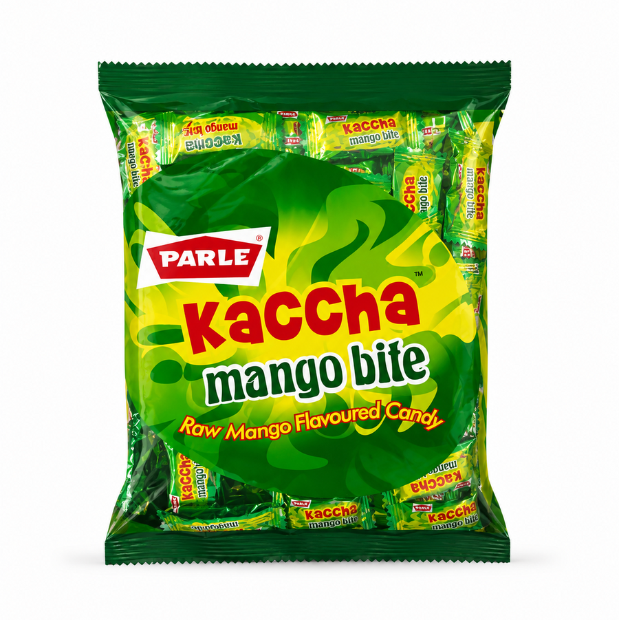 A studio product shot of a large vertical outer pouch of Parle Kaccha Mango Bite candies against a solid white background. The packaging is a deep forest green color, featuring a massive central abstract green and yellow swirl graphic that mimics a slice of mango. The classic red and white "PARLE" logo sits on the upper-left of this graphic,