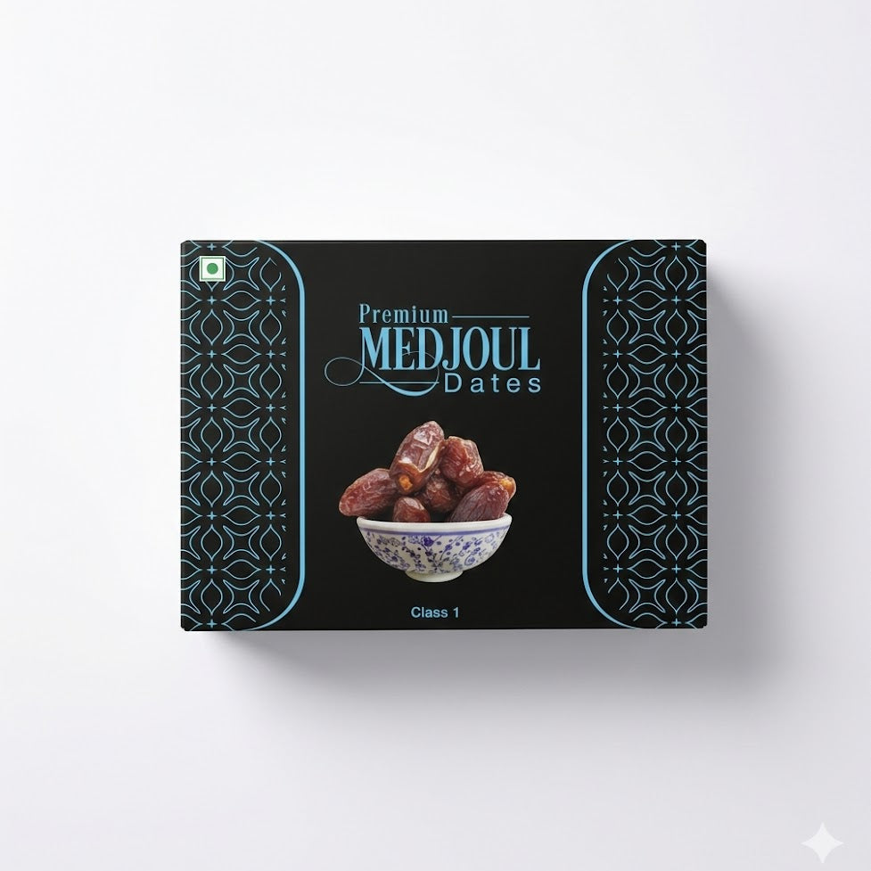 A black box of Premium Medjoul Dates (Class 1), known for their large size, soft texture, and rich caramel-like sweetness, is available for purchase at theindianshelf.co.uk.