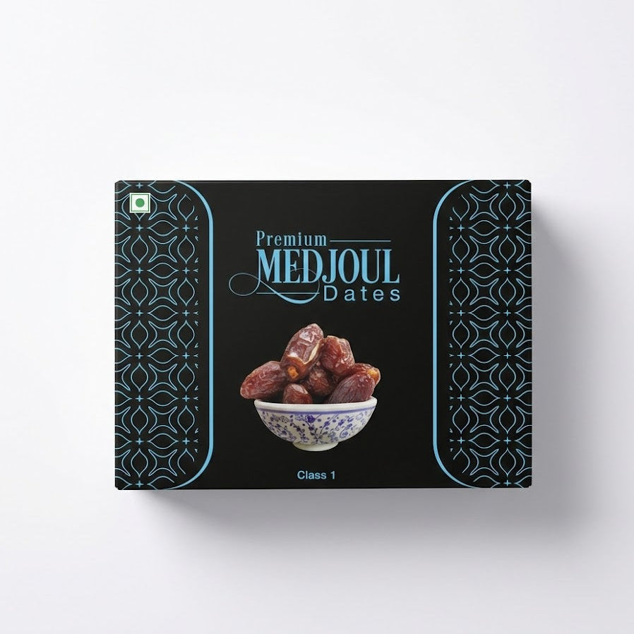 A black box of Premium Medjoul Dates (Class 1), known for their large size, soft texture, and rich caramel-like sweetness, is available for purchase at theindianshelf.co.uk.