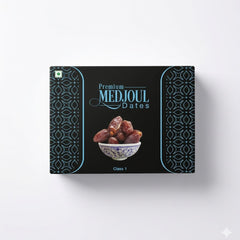 A black box of Premium Medjoul Dates (Class 1), known for their large size, soft texture, and rich caramel-like sweetness, is available for purchase at theindianshelf.co.uk.