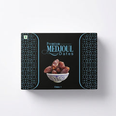 A black box of Premium Medjoul Dates (Class 1), known for their large size, soft texture, and rich caramel-like sweetness, is available for purchase at theindianshelf.co.uk.