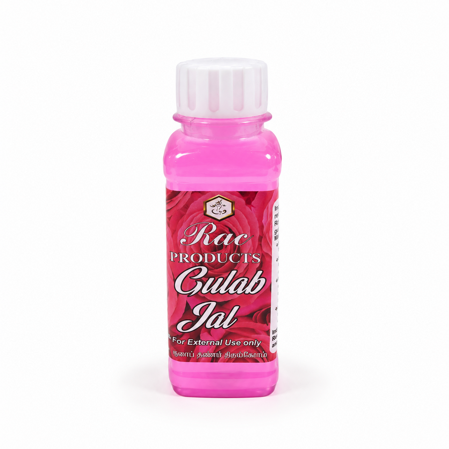 A bottle of RAC Products Gulab Jal rose water featuring vibrant pink liquid and a white screw cap, centered on a solid white background. Available in the UK at theindianshelf.co.uk.