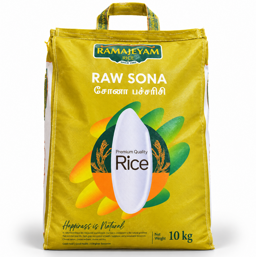 A 10 kg bright yellow retail bag of Ramajeyam Raw Sona Rice featuring product branding, a carrying handle, and grain graphics, centered on a solid white background. Available in the UK at theindianshelf.co.uk.