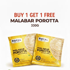 Royal Delicacy Malabar Porotta (Buy 1 Get 1 Free)
A promotional image featuring two packs of Royal Delicacy Malabar Porotta (330g each). The packaging is golden-yellow with an image of flaky, layered flatbread and indicates the product is frozen with no preservatives. The offer "BUY 1 GET 1 FREE" is displayed prominently at the top.This promotional deal is available for purchase in the UK at theindianshelf.co.uk.