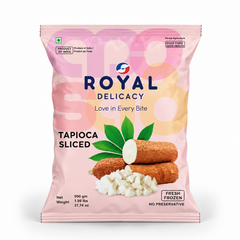 A 900g pink retail pouch of Royal Delicacy Sliced Tapioca featuring fresh root imagery and branding, centered on a solid white background. Available in the UK at theindianshelf.co.uk.