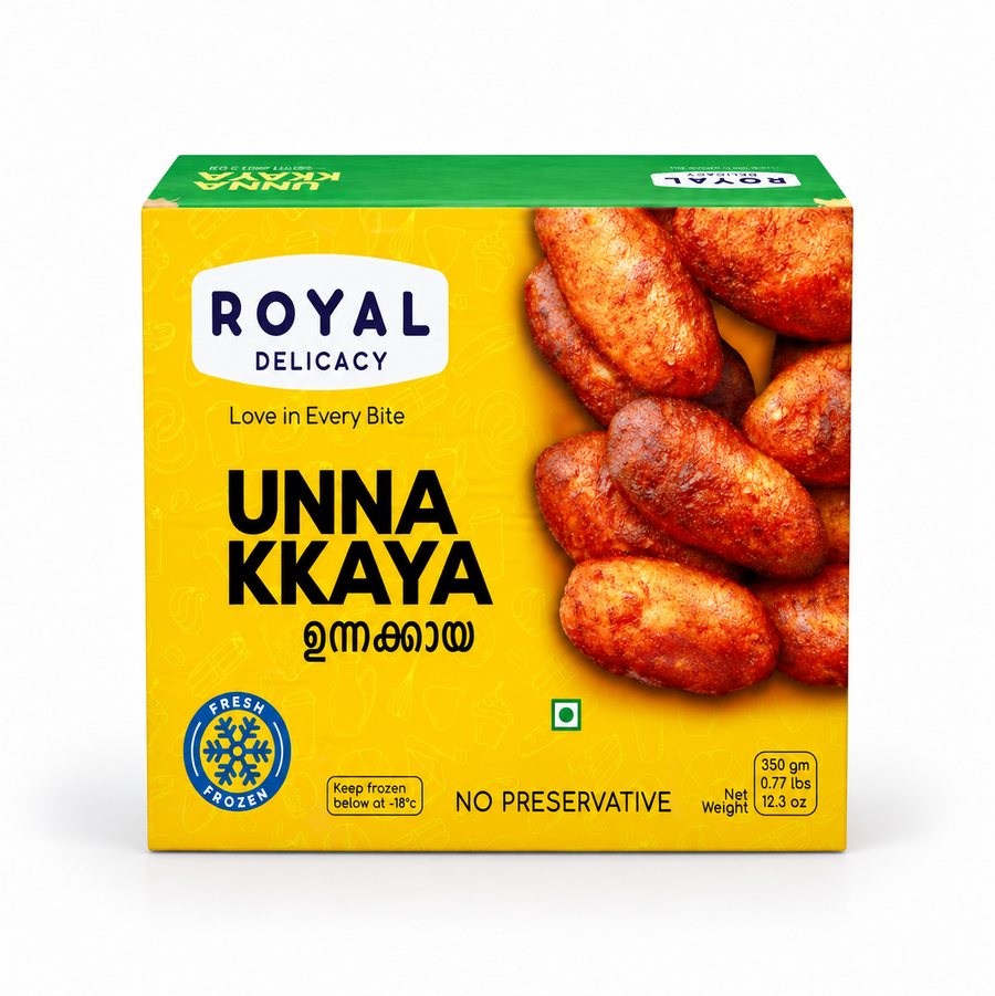A 350g yellow retail box of Royal Delicacy Unnakaya featuring serving imagery and branding, centered on a solid white background. Available in the UK at theindianshelf.co.uk.
