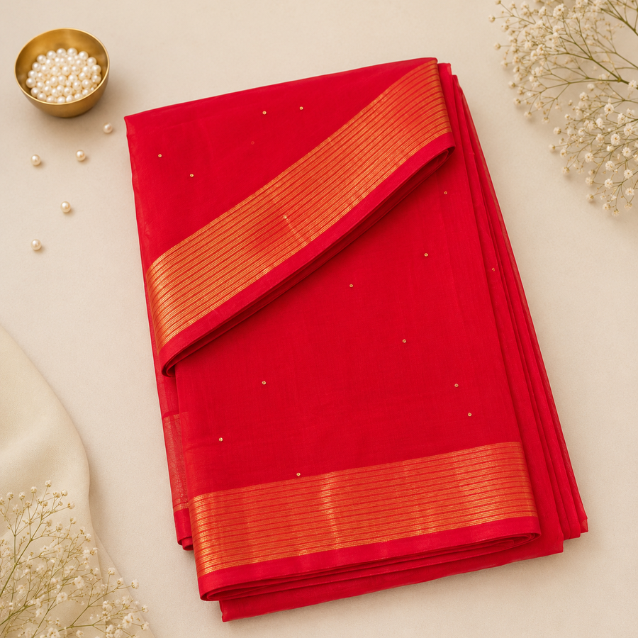 A studio flatlay shot of a neatly folded crimson red Kerala Cotton Saree with subtle gold dots. The fabric features a prominent horizontal border with fine parallel gold zari stripes. A gold dish with white pearls and dried flowers decorate the background. Available in the UK at theindianshelf.co.uk.