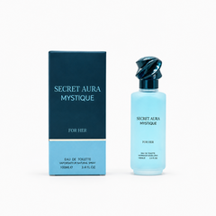 Secret Aura Mystique For Her Eau De Toilette 100ml frosted sky-blue bottle with a metallic dark blue twisted cap standing next to its blue packaging box against a solid white background. Available in the UK at theindianshelf.co.uk.