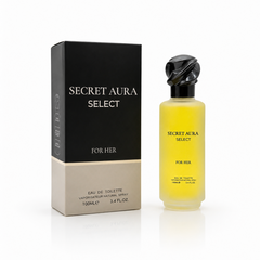 Secret Aura Select For Her Eau De Toilette 100ml frosted yellow bottle with a glossy black twisted cap standing next to its black and silver packaging box against a solid white background. Available in the UK at theindianshelf.co.uk.