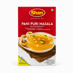 A 100g box of Shan Pani Puri Masala Seasoning Mix centered on a solid white background, featuring a bold red top section with the Shan logo and a serving suggestion showing a clear bowl of tangy pani puri water with boondi alongside stuffed crisp puris. This product is available in the UK at theindianshelf.co.uk.