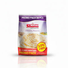Shana Original Paratha 1.6kg promo pack (15+5 free), containing 20 pieces of authentic flaky flatbread, is available for purchase at theindianshelf.co.uk.