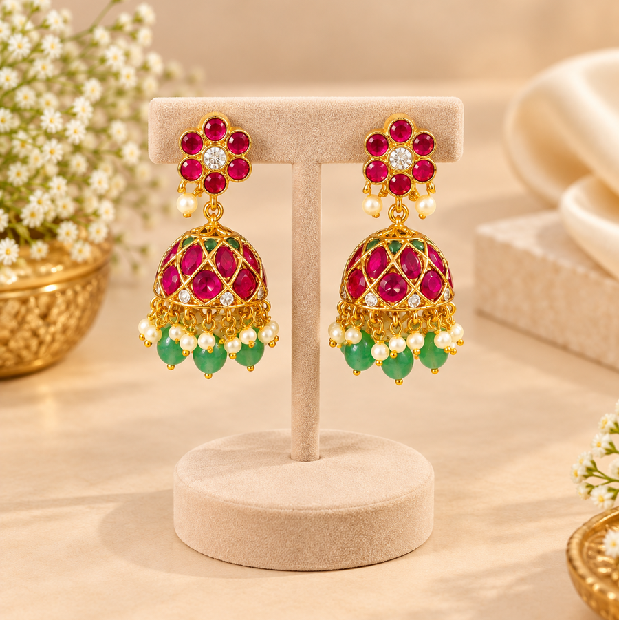 A pair of gold-plated South Indian temple jhumka earrings with ruby stones, emerald beads, and pearl drops on a beige T-bar stand. Available in the UK at theindianshelf.co.uk.