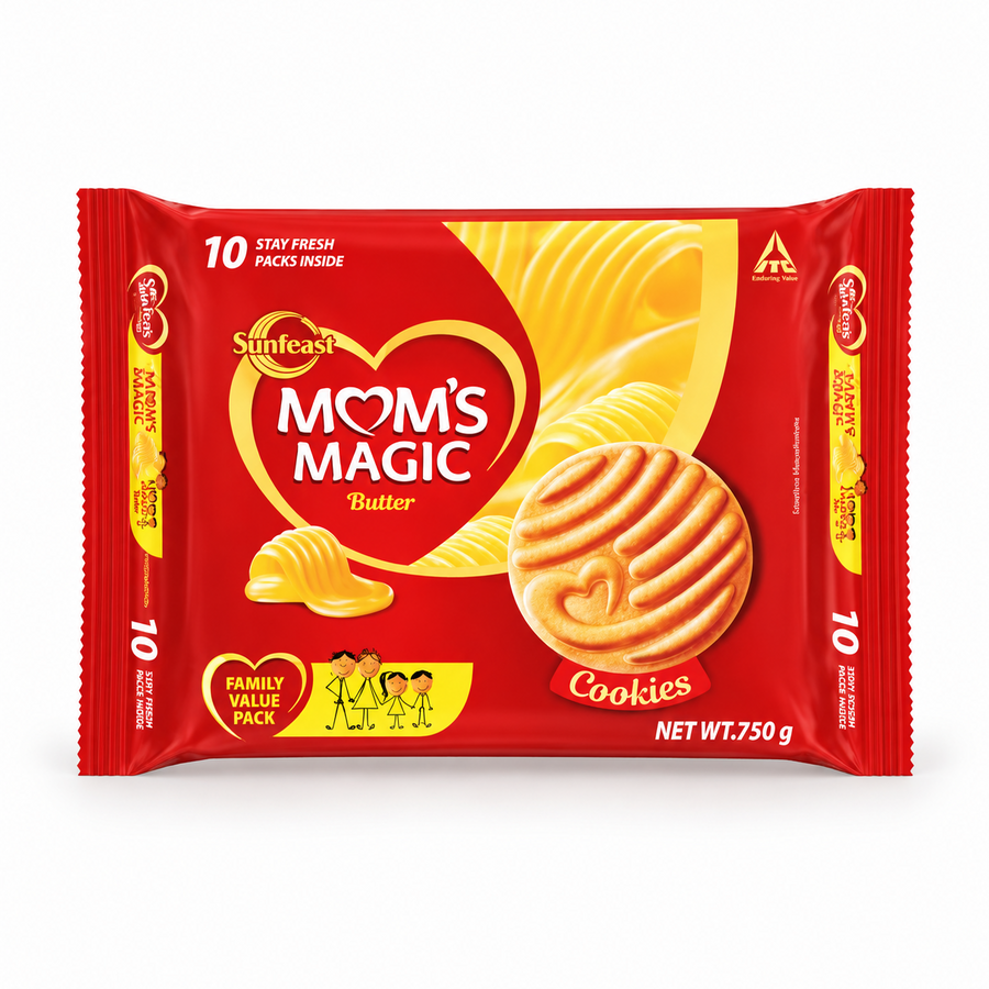 A 750g red and yellow family value pack of Sunfeast Mom's Magic Butter Cookies featuring cookie illustrations and branding, centered on a solid white background. Available in the UK at theindianshelf.co.uk.