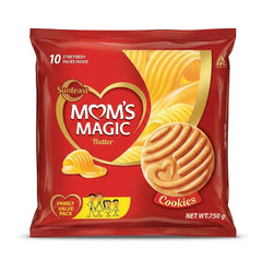 Sunfeast Mom's Magic Butter Cookies (750g) are rich, golden-baked treats with a melt-in-the-mouth texture. This family value pack contains 10 stay-fresh individual packs.You can find them available for purchase in the UK at theindianshelf.co.uk.