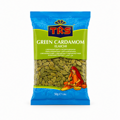 A 50g pouch of TRS Green Cardamom Elaichi centered on a solid white background, featuring a vibrant blue and light green label with the brand logo and a clear window displaying whole green cardamom pods next to an illustration of a traditional Indian woman. This product is available in the UK at theindianshelf.co.uk.
