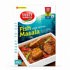 A professional studio product shot of a rectangular cardboard box of Tasty Nibbles Fish Masala, standing vertically against a solid white background The packaging features a clean white frame surrounding a vibrant teal underwater ocean graphic at the top, housing the red oval "TASTY NIBBLES" logo. The product name "Fish Masala" is boldly printed across the center in yellow and white text.