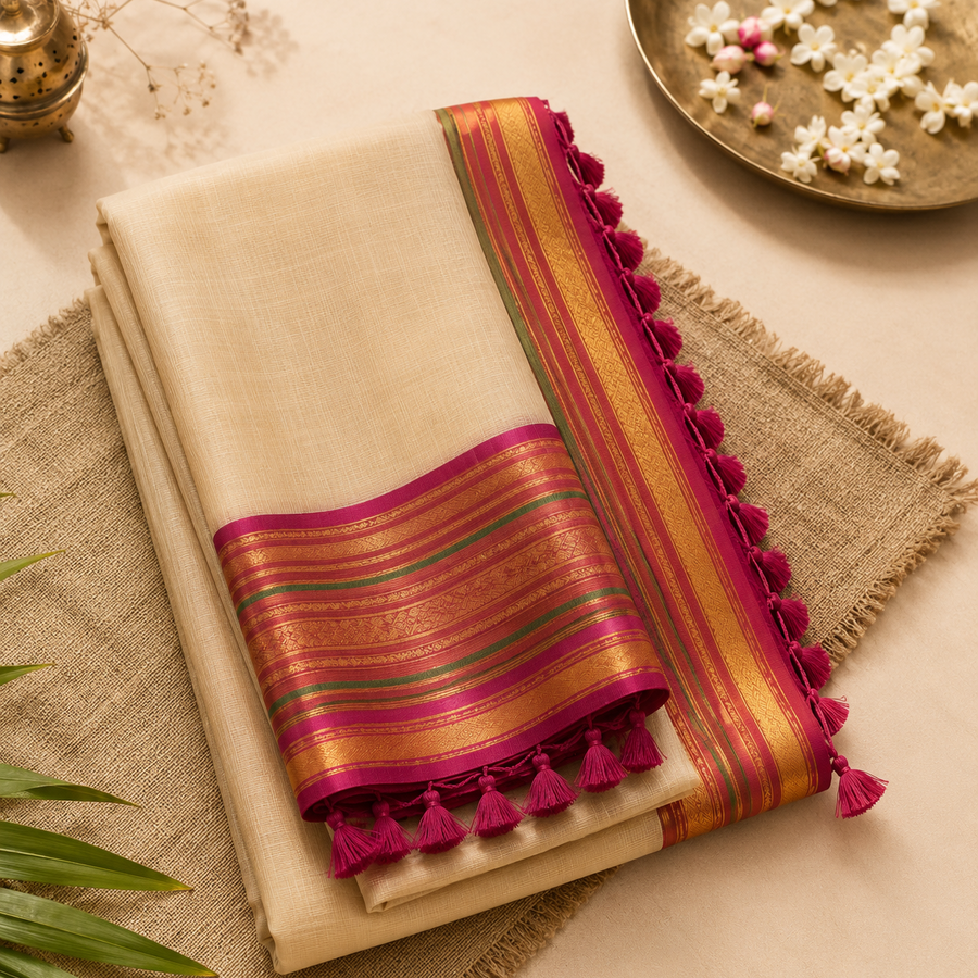 A studio flatlay shot of a neatly folded golden-beige Kerala Tussar Saree stacked on a raw jute cloth. The fabric features a bold magenta-pink border detailed with rich golden zari stripes and matching fringe tassels. A brass dish with white jasmine flowers and a small metal container decorate the background. Available in the UK at theindianshelf.co.uk.