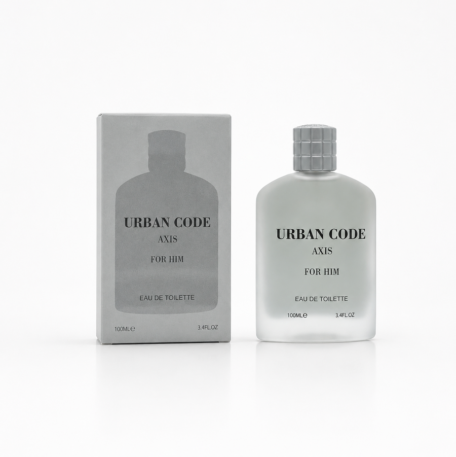 Urban Code Axis For Him Eau De Toilette 100ml frosted grey bottle with a silver textured grid cap standing next to its matching grey packaging box against a solid white background. Available in the UK at theindianshelf.co.uk.