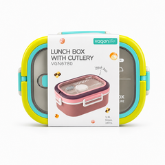 A colorful Vagon Life Lunch Box with Cutlery (model VGN6780) centered on a solid white background, featuring a bright yellow and teal frame with side latches and a clear lid wrapped in a branded paper sleeve.