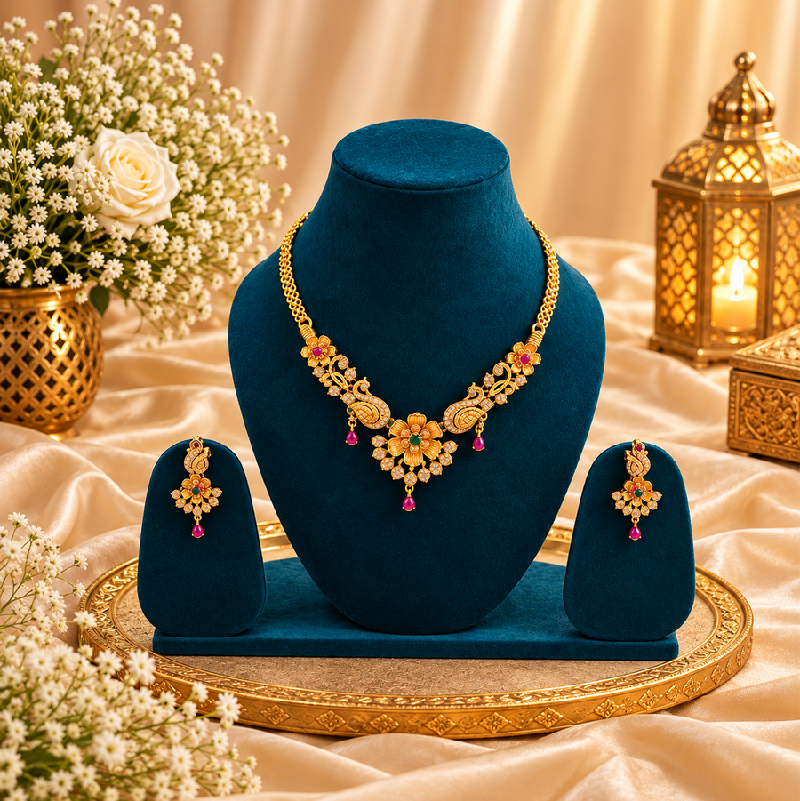 An antique matte gold-tone necklace and matching earring set featuring floral and peacock motifs with ruby and emerald accents, displayed on deep teal velvet stands. Available in the UK at theindianshelf.co.uk.