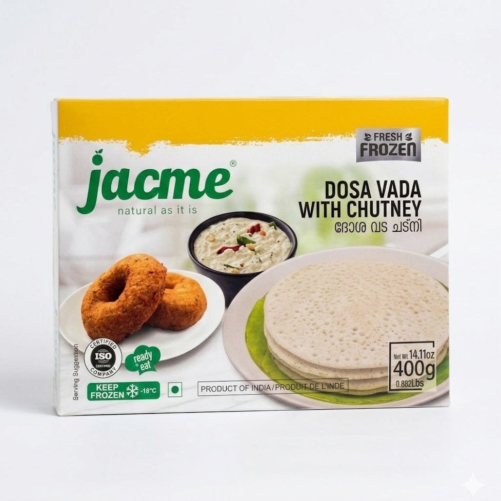 This is a 400g pack featuring a classic South Indian breakfast combo of dosas and vadas with a side of chutney. It is a ready-to-eat frozen product made in India This item is available for purchase in the UK at theindianshelf.co.uk.