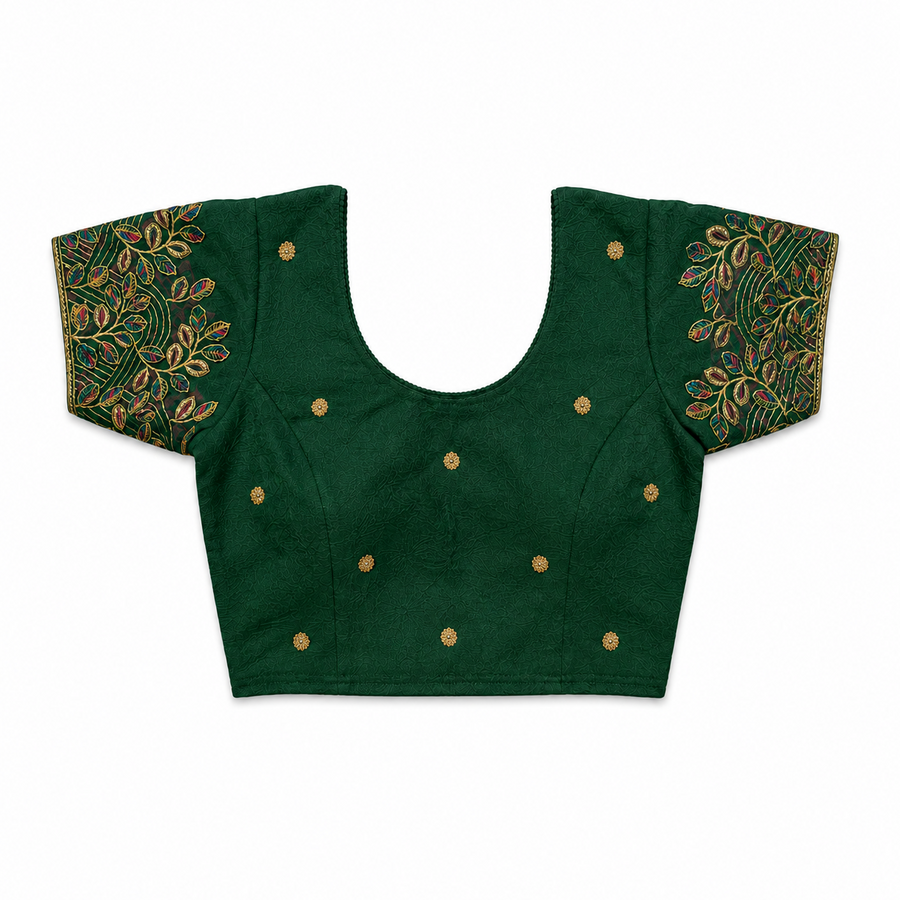 An emerald green short-sleeved stretchable readymade saree blouse with hand-embroidered leaf patterns on the sleeves and small gold floral motifs across the front, laid flat against a solid white background. Available in the UK at theindianshelf.co.uk.