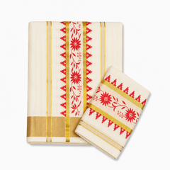 A neatly folded off-white Kerala tissue cotton double set mundu with matching neryathum displayed on a solid white background, featuring a wide gold zari border, red temple edges, and an intricate red floral vine motif. Available in the UK at theindianshelf.co.uk.